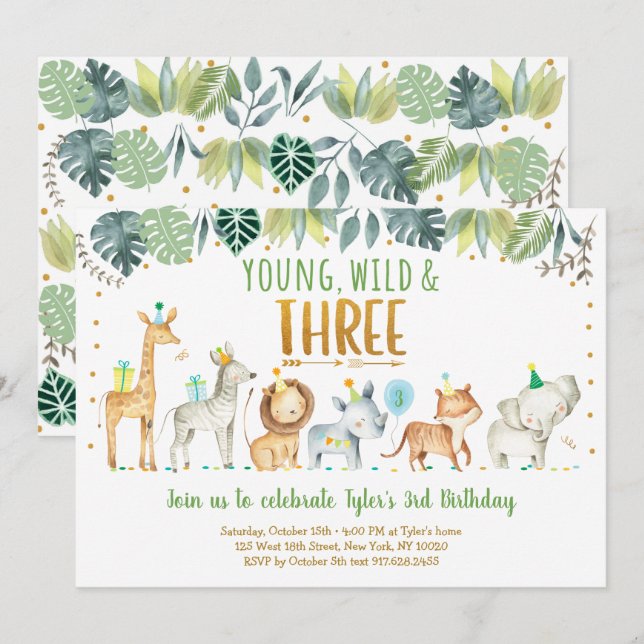 Young Wild & Three Safari Jungle Birthday Invitation (Front/Back)
