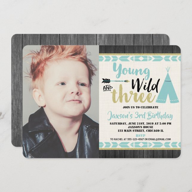 Young wild three teal gold photo invitation boy (Front/Back)