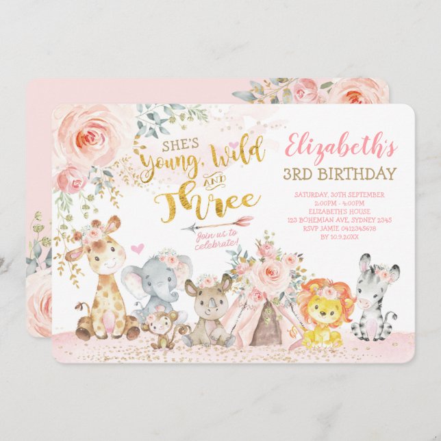 Young Wild & Three Tribal Jungle Girl 3rd Birthday Invitation (Front/Back)