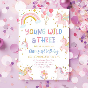 Young Wild & Three Unicorn 3rd Birthday Invitation