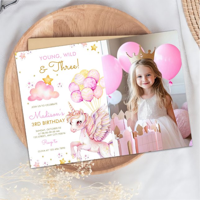 Young Wild & Three Unicorn 3rd Birthday Photo Invitation (Creator Uploaded)