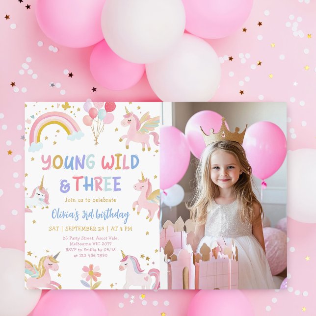 Young Wild & Three Unicorn 3rd Birthday Photo Invitation (Creator Uploaded)