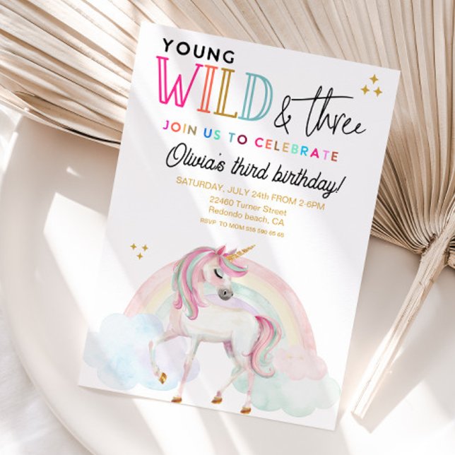 Young Wild & Three Unicorn birthday Invitation (Young Wild and three rainbow unicorn 3rd birthday invitation)