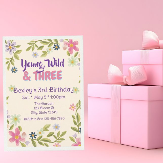 Young, Wild, & Three Wildflower, 3rd birthday  Invitation (Creator Uploaded)