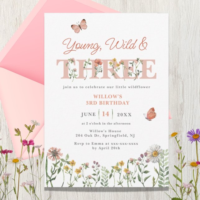 Young Wild & Three Wildflower 3rd Birthday Invitation (Creator Uploaded)