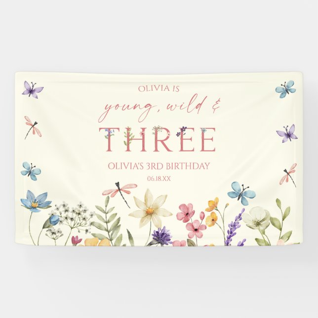 Young Wild & Three Wildflower 3rd Birthday Party Banner (Horizontal)