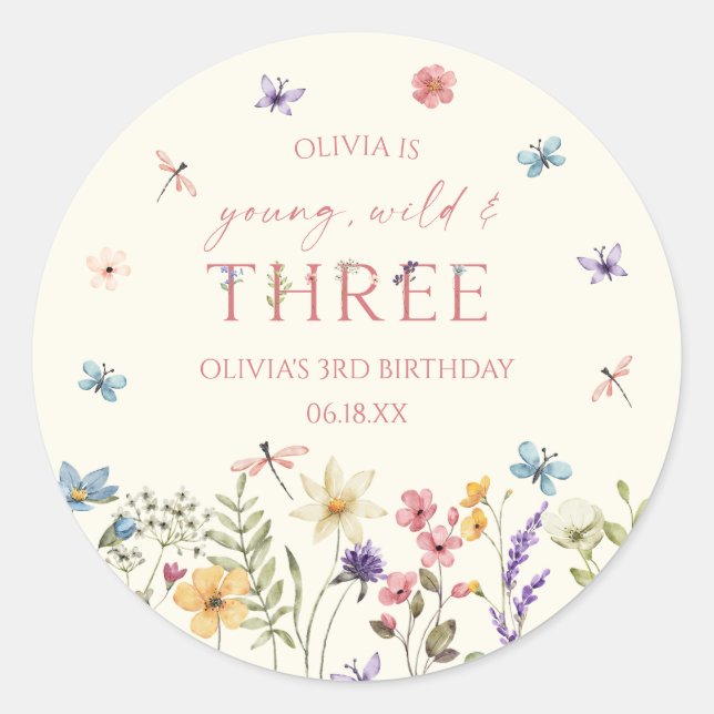 Young Wild & Three Wildflower 3rd Birthday Party Classic Round Sticker (Front)