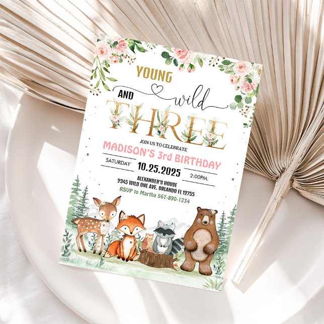 Young wild three Woodland 3rd birthday Invitation (Creator Uploaded)