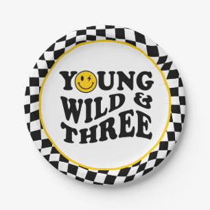 Young Wild & Three Yellow Happy Smile 3rd Birthday Paper Plate