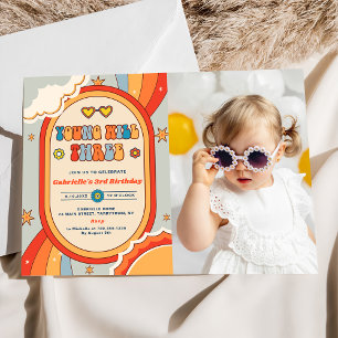 Young Will Three Groovy Retro Rainbow Birthday  Invitation