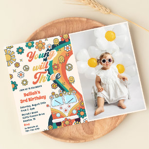  Young Will Three Retro Floral 3rd Birthday Party  Invitation