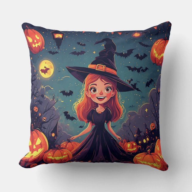 Young Witch Among Glowing Pumpkins Cushion (Front)