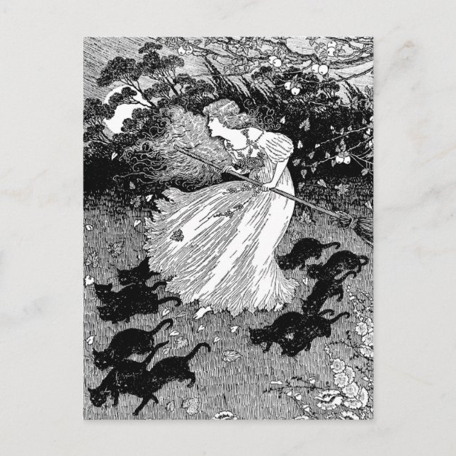 Young witch and black cats postcard (Front)