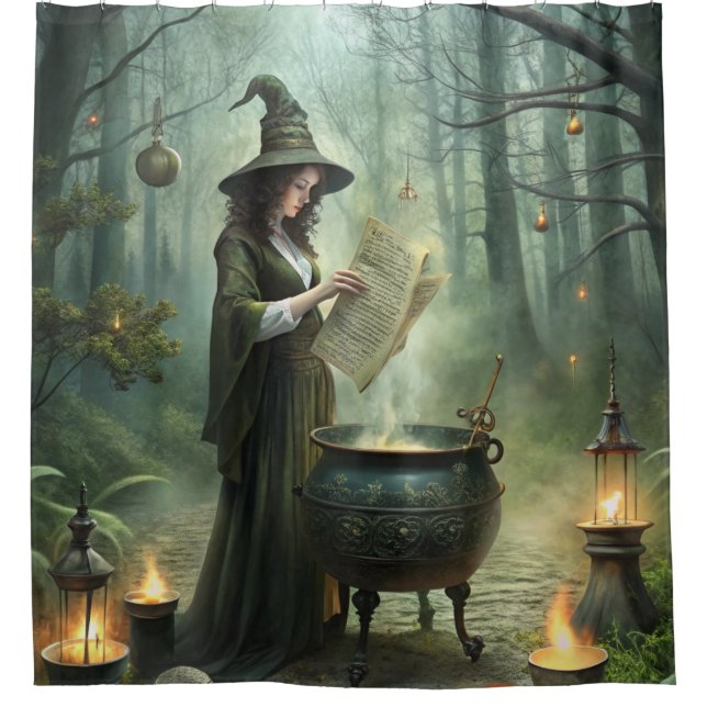 Young Witch in Mystical Forest Ritual Shower Curtain (Front)