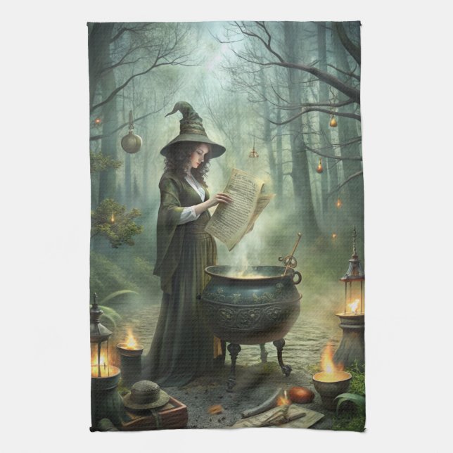 Young Witch in Mystical Forest Ritual Tea Towel (Vertical)