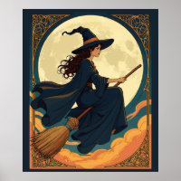 Young Witch Sat Astride A Besom Art Nouveau Style 