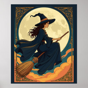 Young Witch Sat Astride A Besom Art Nouveau Style Poster
