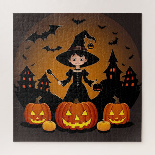 Young Witch with Pumpkins and Haunted Houses Jigsaw Puzzle