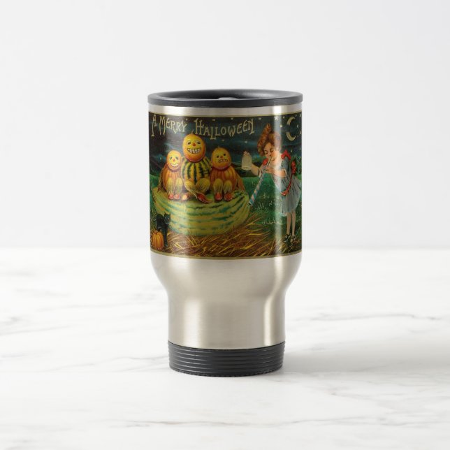 Young Witch's Brew: Pumpkin Men on Magick Altar Travel Mug (Center)