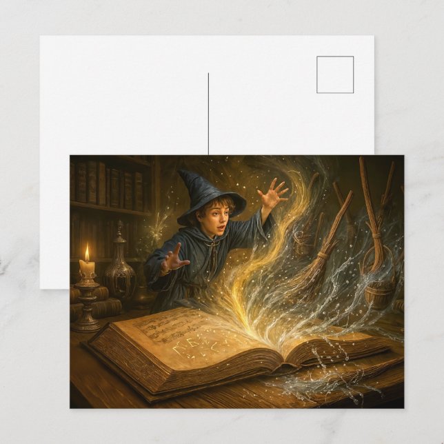 Young wizard with book fantasy illustration holiday postcard (Front/Back)