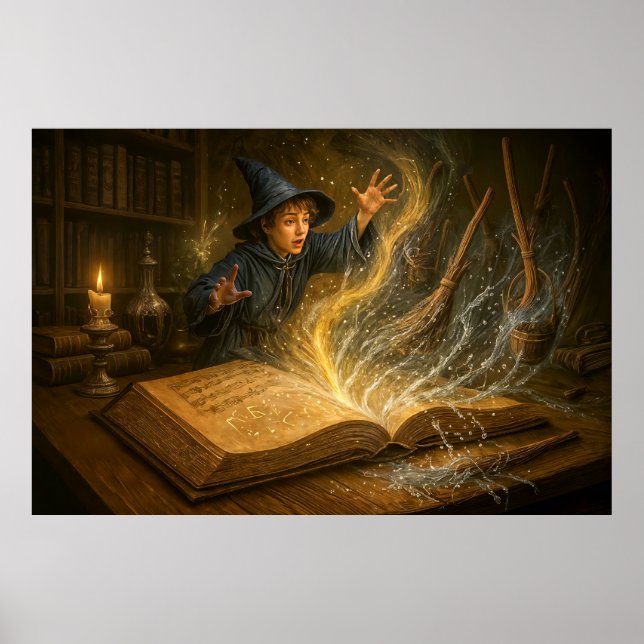 Young wizard with book fantasy illustration poster (Front)