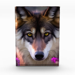 Young wolf in fuchsia pink flowers photo block