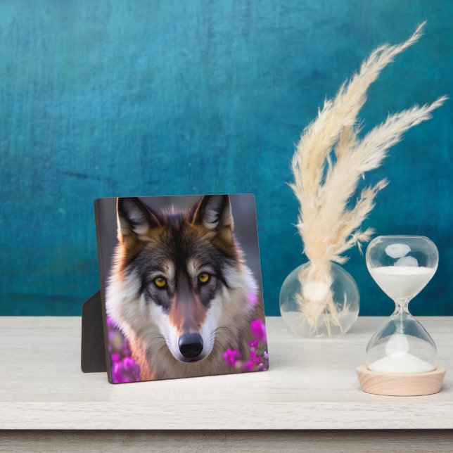 Young wolf in fuchsia pink flowers plaque (Insitu)