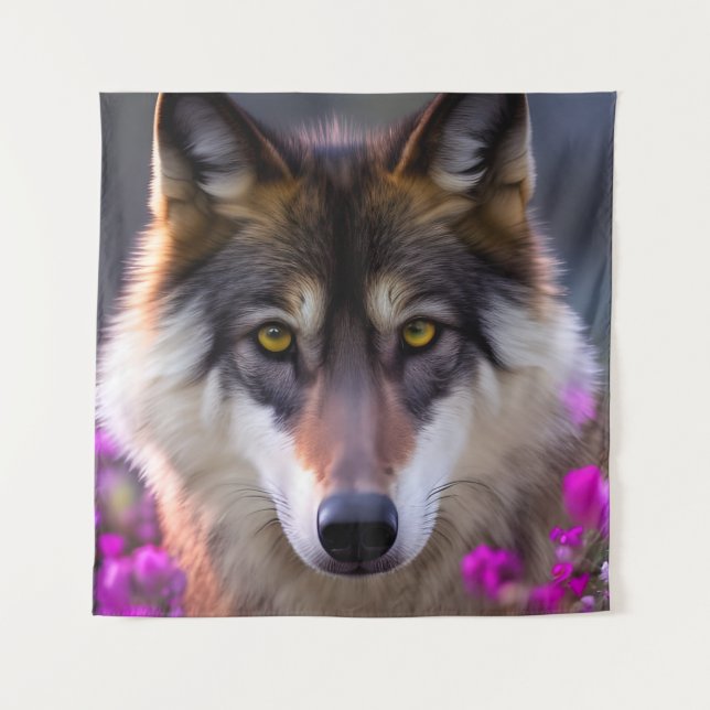 Young wolf in fuchsia pink flowers  tapestry (Front)