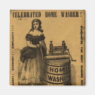 Young woman and machine to be washed in old magnet