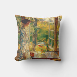 Young Woman Beside a Goldfish Bowl (Childe Hassam) Cushion