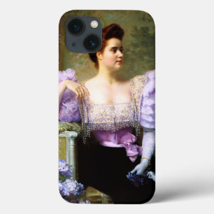 Young woman by a bouquet of hydrangeas iPhone 13 case