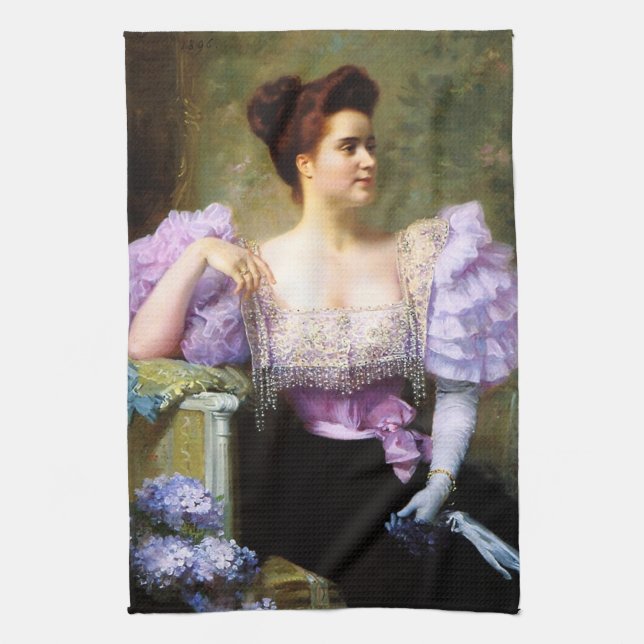 Young woman by a bouquet of hydrangeas tea towel (Vertical)