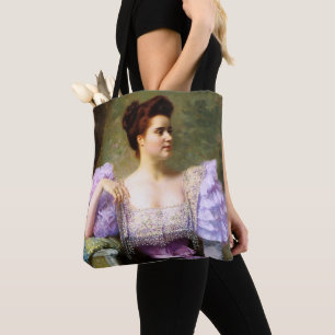 Young woman by a bouquet of hydrangeas tote bag