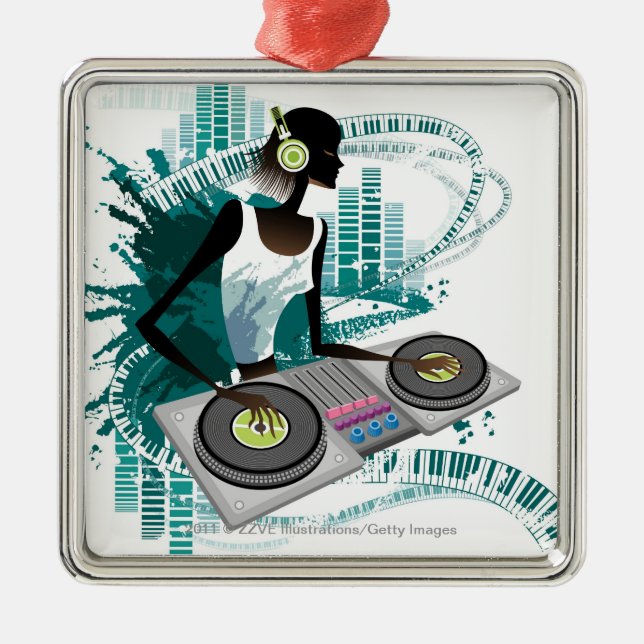 Young woman Dj Using Turntable in Nightclub Metal Tree Decoration (Front)