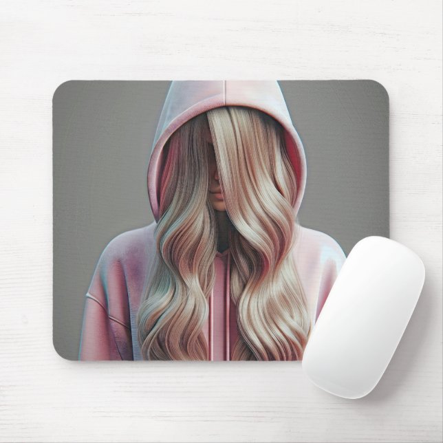 Young Woman Hiding Behind Long Blonde Hair Mouse Pad (With Mouse)