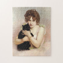 Young Woman Holding Black Cat Ballerina Painting