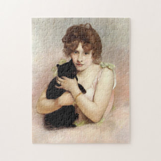 Young Woman Holding Black Cat Ballerina Painting Jigsaw Puzzle
