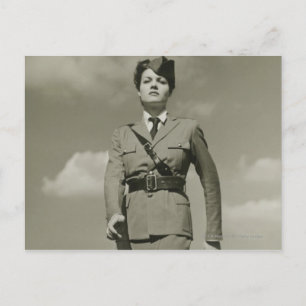 Young woman in military marching on rooftop postcard