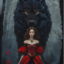 Young Woman In Red Gown With Black Wolf Guardian Tissue Paper