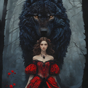 Young Woman In Red Gown With Black Wolf Guardian Tissue Paper