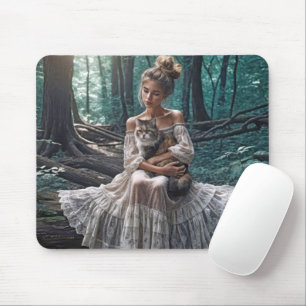 Young Woman In Woods With a Cat Mouse Pad