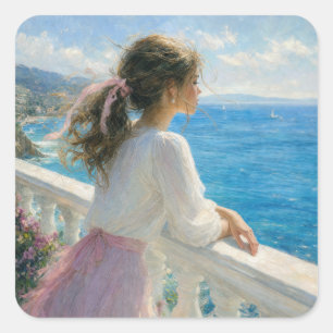 Young Woman on an Ocean Balcony Impressionism Square Sticker