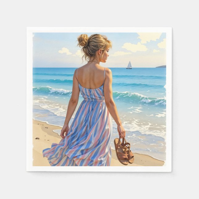 Young Woman On the Beach Looking At Sailboats Napkin (Front)