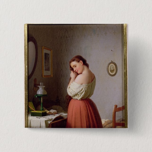 Young Woman Plaiting her Hair 15 Cm Square Badge (Front)