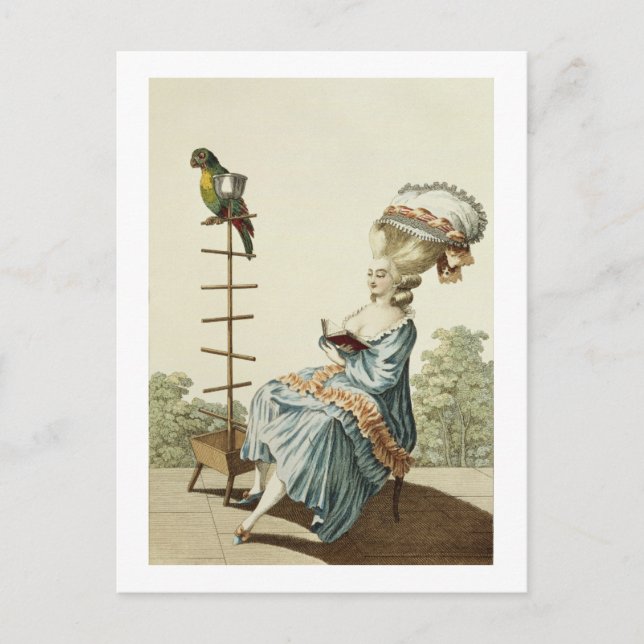 Young woman reading in a day dress with an elabora postcard (Front)