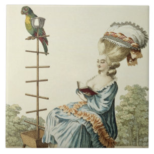 Young woman reading in a day dress with an elabora tile