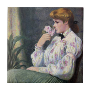 Young Woman Smelling Flower Fragrance (Reverie) Tile