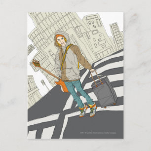 Young woman standing on street with luggage postcard
