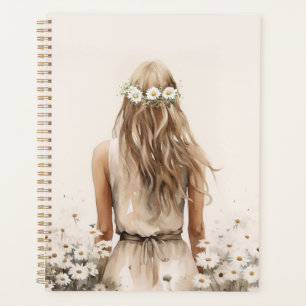 Young Woman Watercolor In Daisy Field Planner