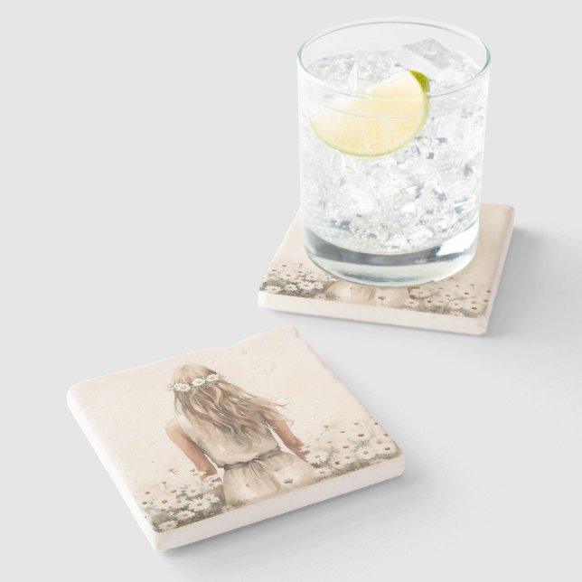 Young Woman Watercolor In Daisy Field Stone Coaster (Side)